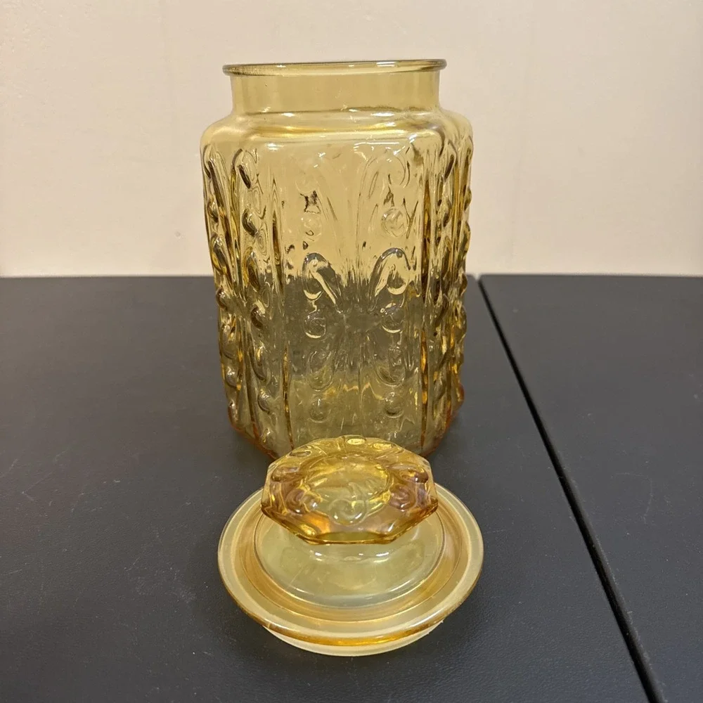 Vintage LE Smith Amber Yellow Glass Lidded Canister Imperial Atterbury Scroll 9